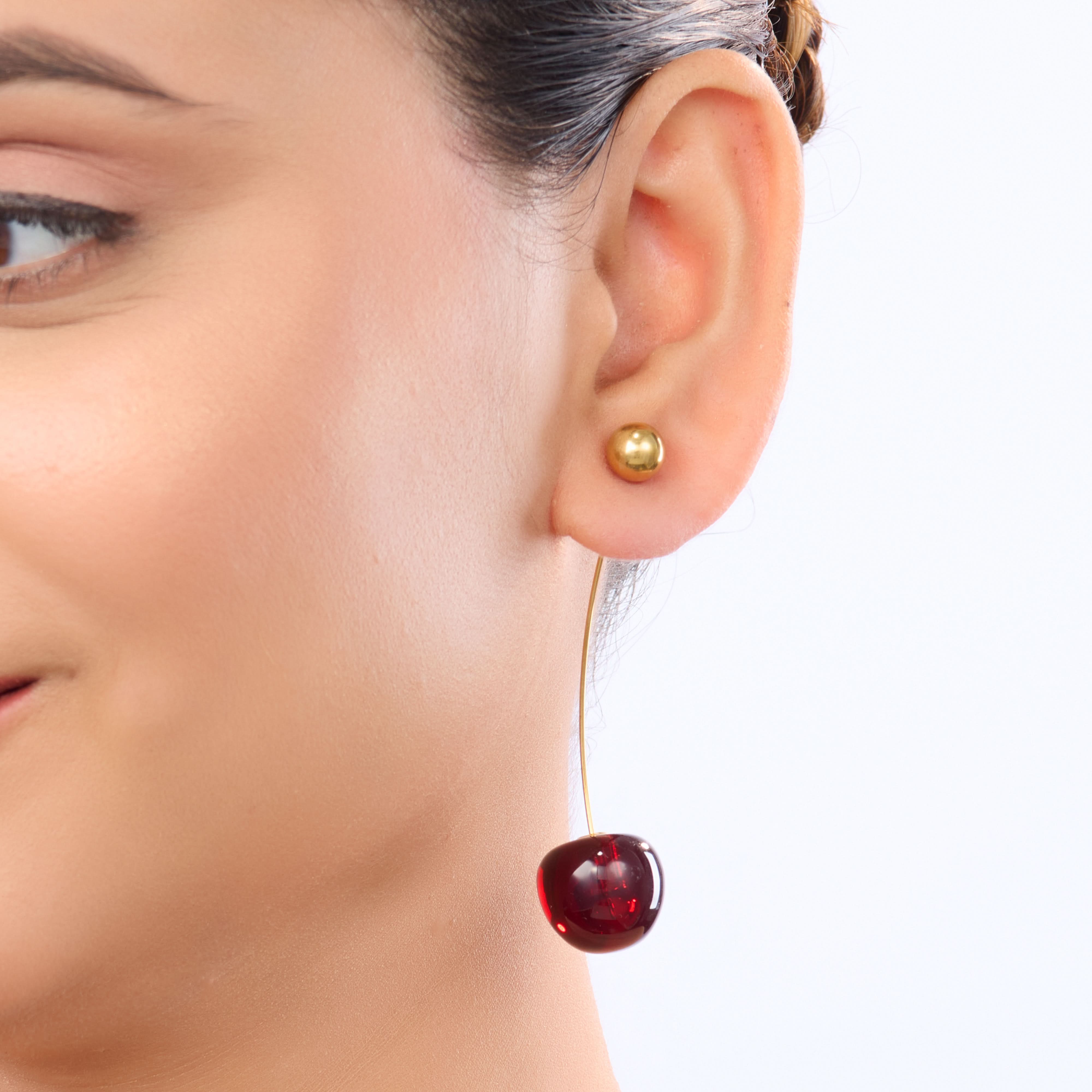 Celeste Crimson Cherry Drop Earrings - gold plated red cherry drop earrings for women - view 2