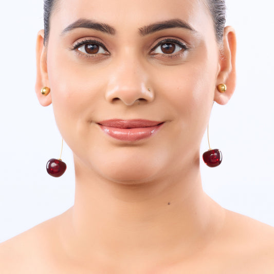 Celeste Crimson Cherry Drop Earrings - gold plated red cherry drop earrings for women - view 5