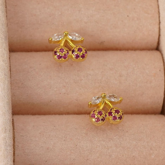 Celeste Crystal Cherry Marquise Leaf Earrings - gold plated crystal cherry leaf stud earrings for women - view 3