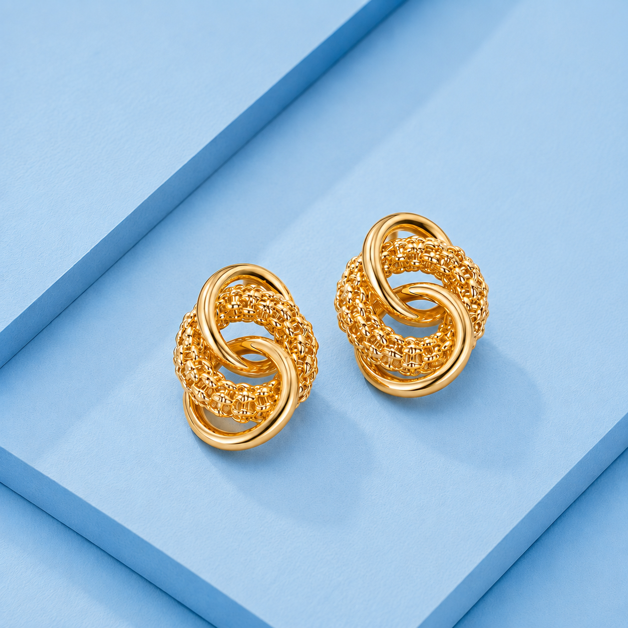 Celeste Dual Interlocking Ring Mesh Drop Earrings - gold plated interlocking ring mesh drop earrings for women - view 2