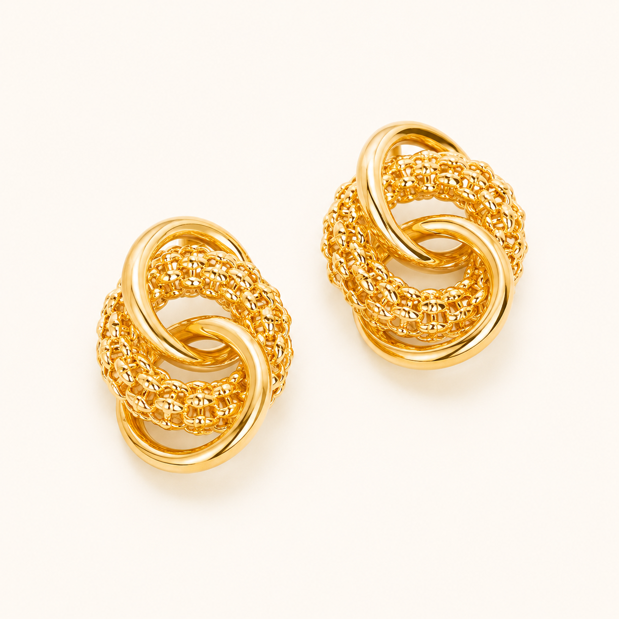 Celeste Dual Interlocking Ring Mesh Drop Earrings - gold plated interlocking ring mesh drop earrings for women