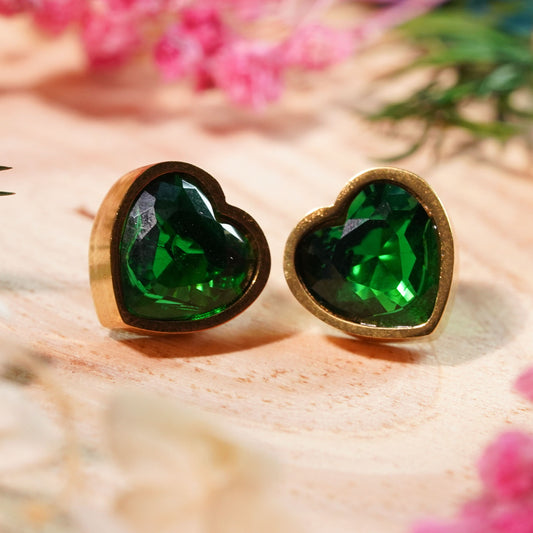 Celeste Emerald Green Crystal Heart Stud Earrings - gold plated emerald crystal heart stud earrings for women - view 4