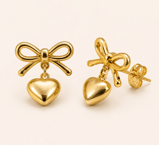 Celeste Gold Ribbon Heart Charm Drop Earrings - gold plated ribbon heart drop earrings for women - view 4