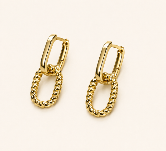 Celeste Interlocking Rectangle Rope Hoop Earrings - gold plated interlocking rope hoop earrings for women