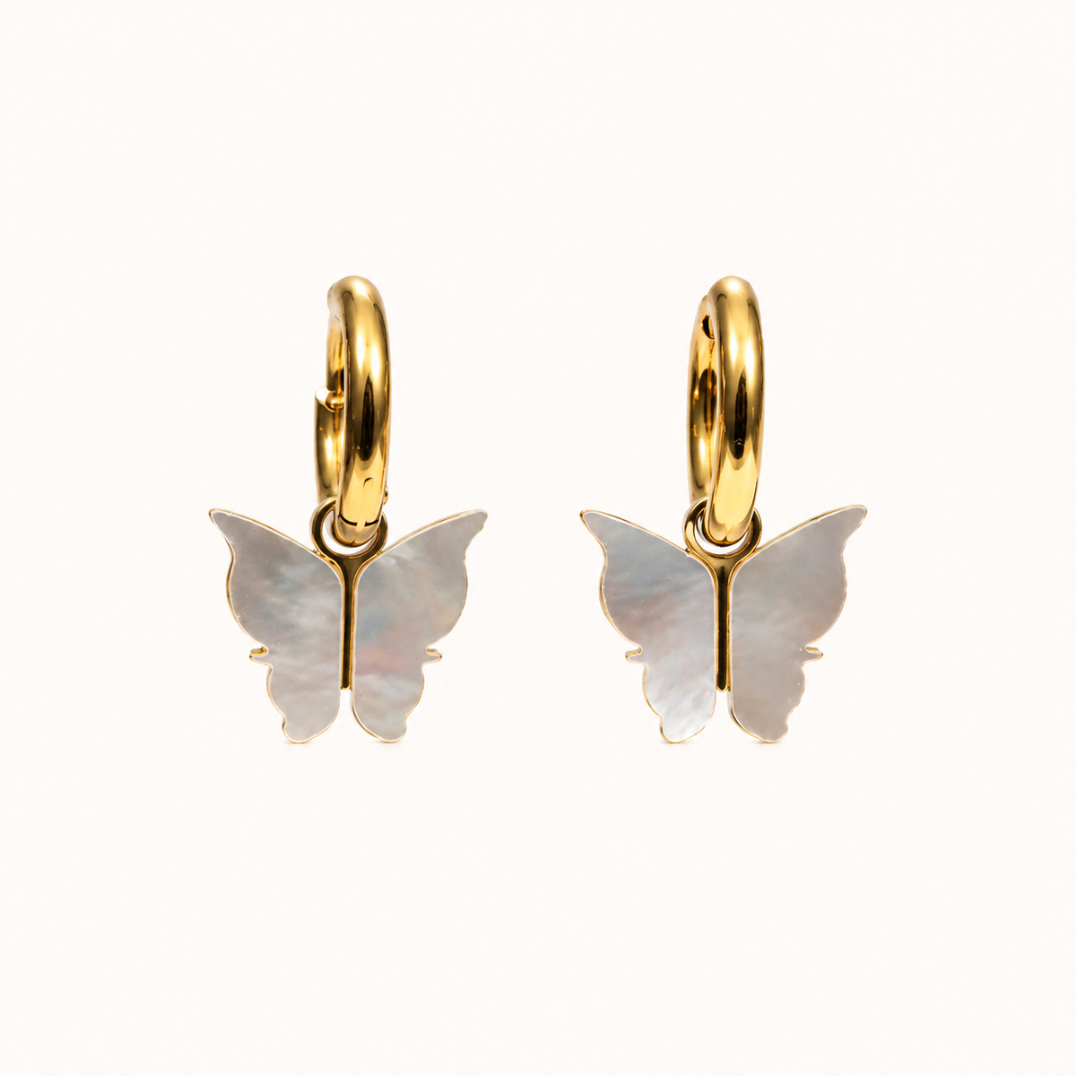 Celeste Mother-of-Pearl Butterfly Huggie Hoop Earrings - gold plated MOP butterfly huggie hoop earrings for women
