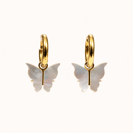 Celeste Mother-of-Pearl Butterfly Huggie Hoop Earrings - gold plated MOP butterfly huggie hoop earrings for women