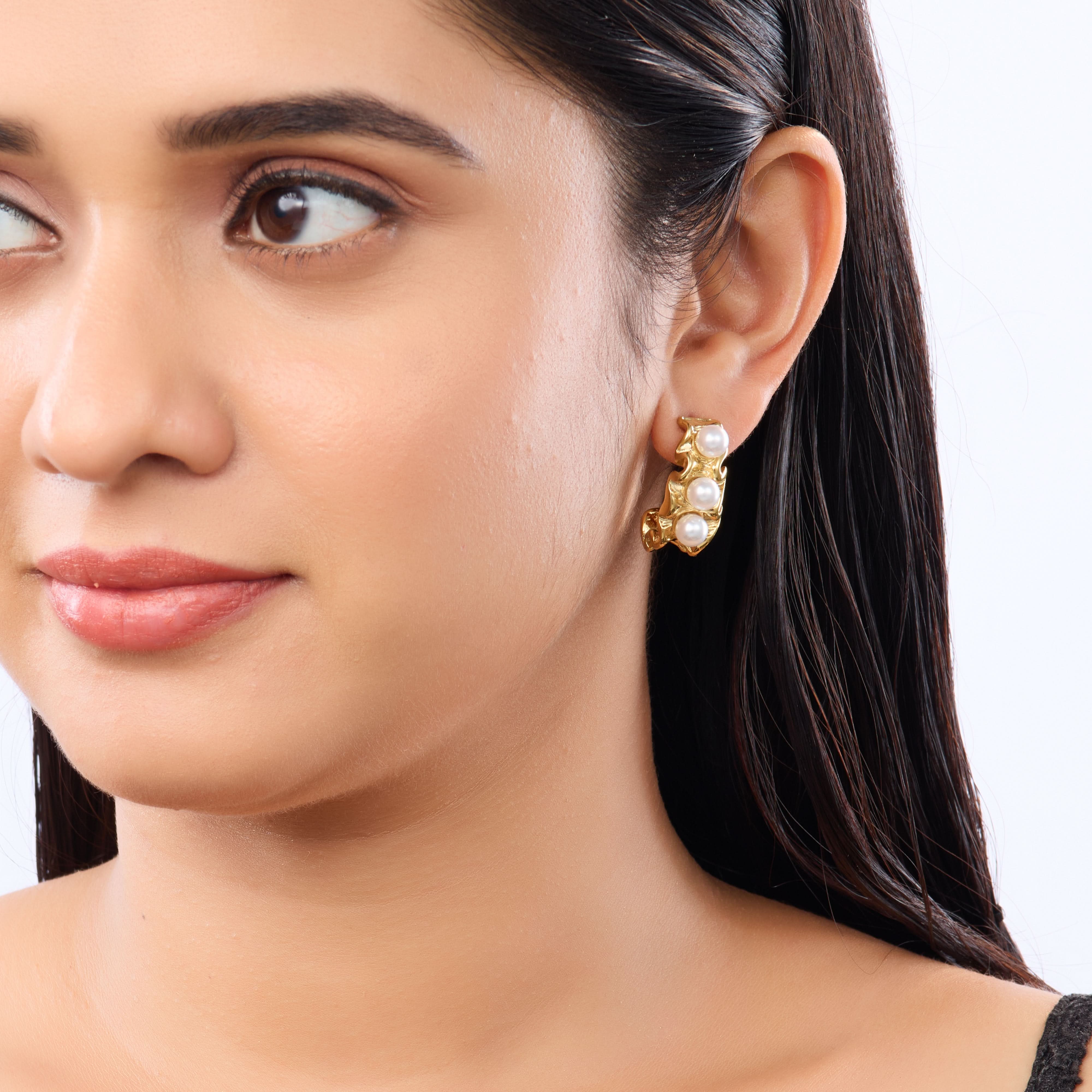Celeste Pearl J-Hoop Earrings - gold plated pearl j-hoop earrings for women - view 2