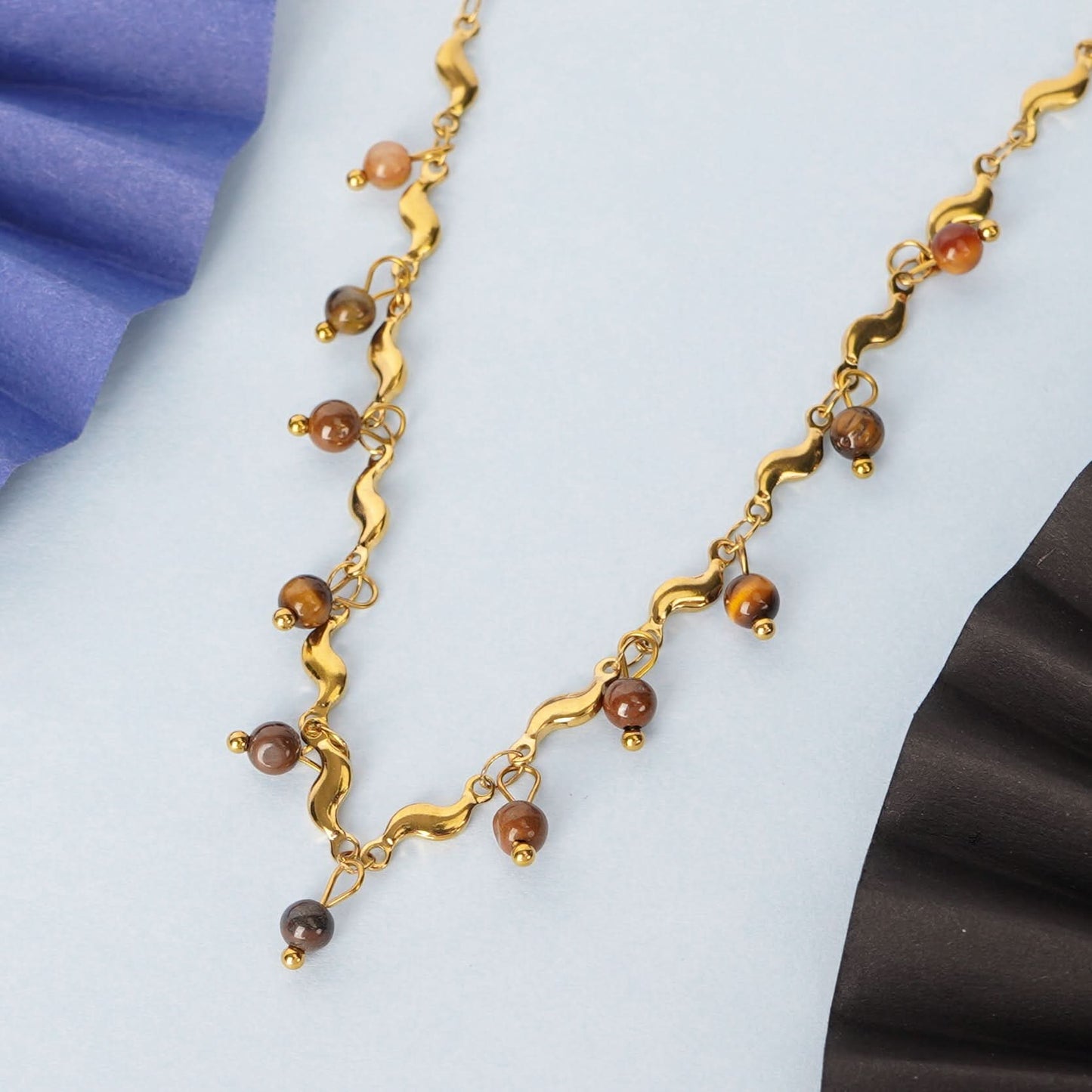 Celestia Earthy Brown Bead Drop Wave Chain Necklace - gold plated brown bead drop necklace for women - view 3