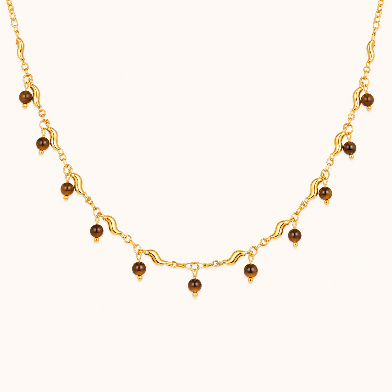 Celestia Earthy Brown Bead Drop Wave Chain Necklace - gold plated brown bead drop necklace for women