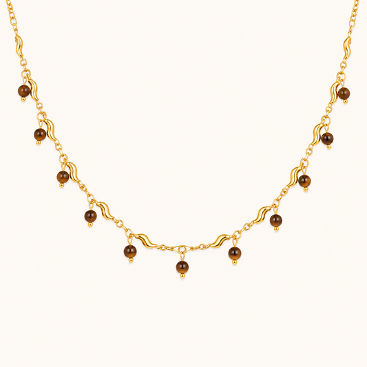 Celestia Earthy Brown Bead Drop Wave Chain Necklace - gold plated brown bead drop necklace for women