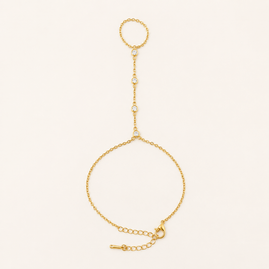 Celestia Crystal Handchain Finger Bracelet - gold dual chain wrist to finger handchain bracelet for women