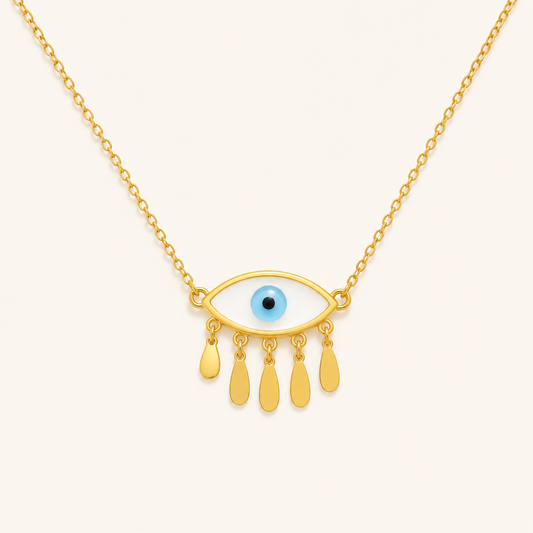 Celestia Mother-of-Pearl Evil Eye Drop Charm Necklace - gold plated evil eye MOP pendant necklace for women