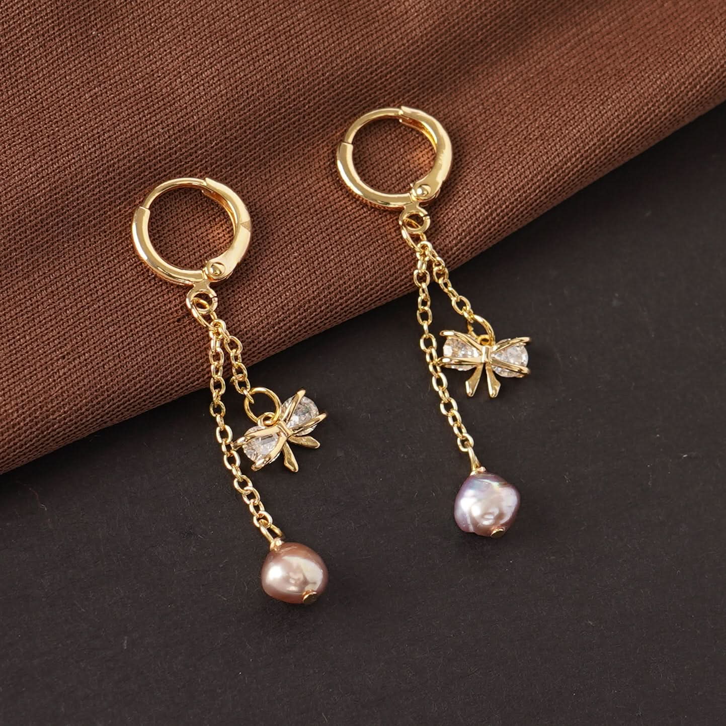 Celestia Pearl Bow Chain Drop Hoop Earrings - gold bow chain drop hoop earrings with pearl for women-2