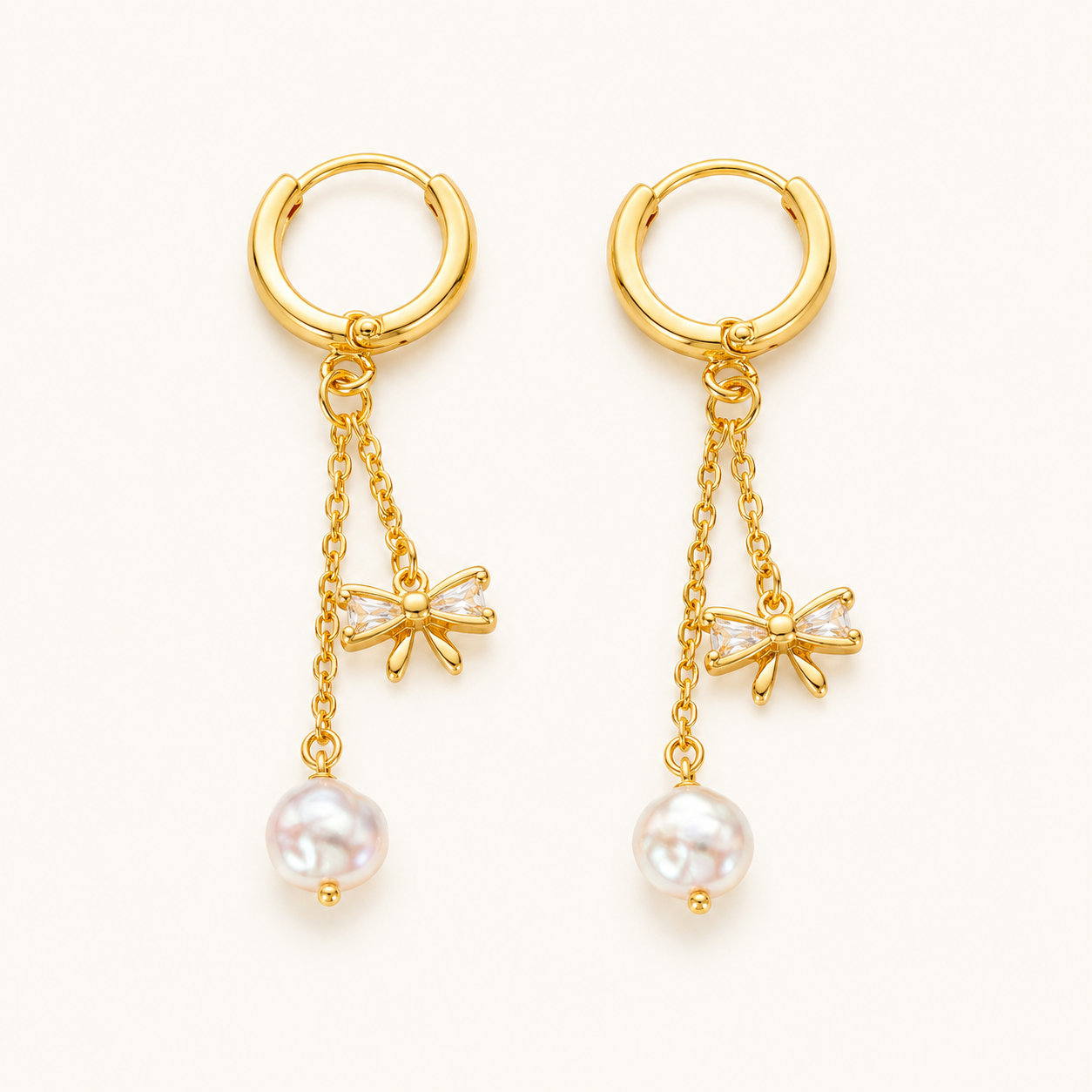 Celestia Pearl Bow Chain Drop Hoop Earrings - gold bow chain drop hoop earrings with pearl for women