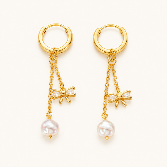Celestia Pearl Bow Chain Drop Hoop Earrings - gold bow chain drop hoop earrings with pearl for women