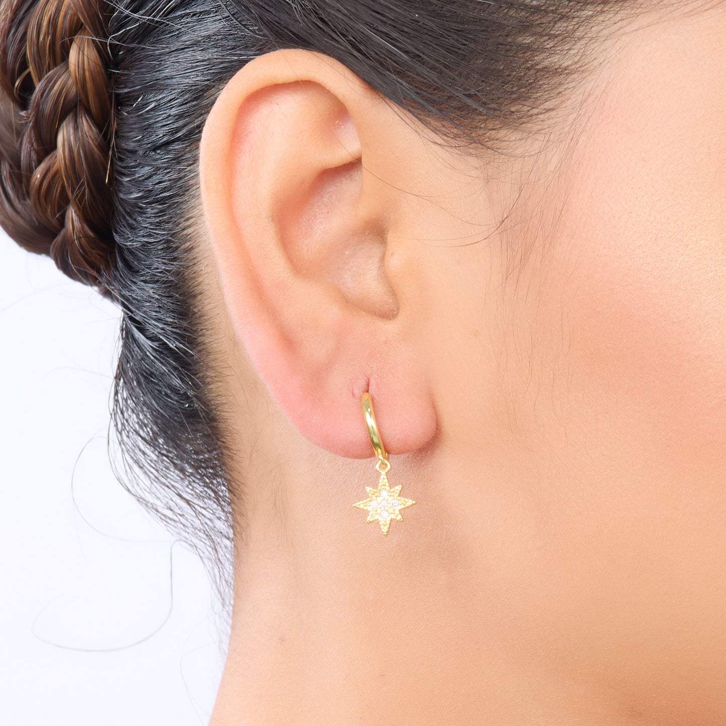 Edge Celestial Moon & Star Mismatched Huggie Earrings – CZ crescent moon and starburst huggie earrings in gold-5