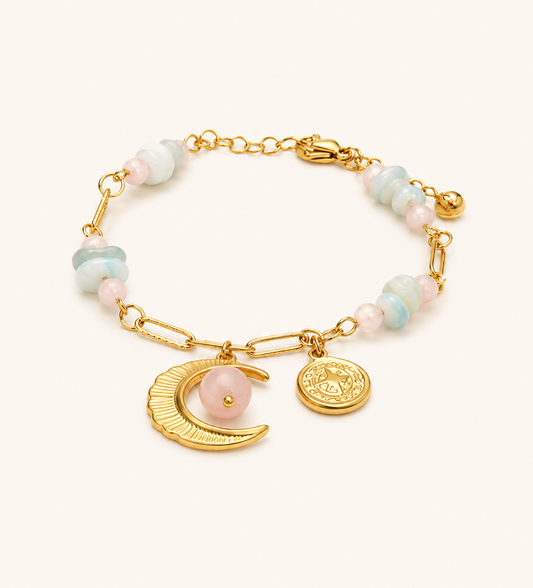 Celestial Quartz Crescent Moon Star Charm Bracelet - boho quartz beaded moon star charm bracelet for women-2