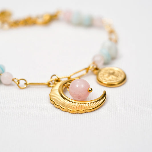 Celestial Quartz Crescent Moon Star Charm Bracelet - boho quartz beaded moon star charm bracelet for women-3