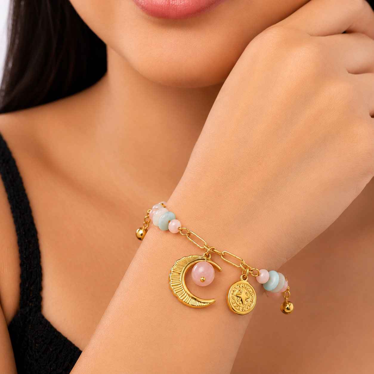 Celestial Quartz Crescent Moon Star Charm Bracelet - boho quartz beaded moon star charm bracelet for women