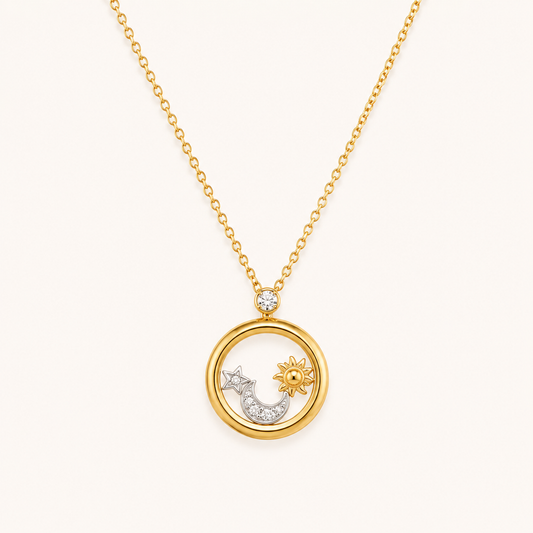 Celestial Sun Star Moon Retro Rhinestone Necklace - gold retro sun star moon charm rhinestone necklace for women