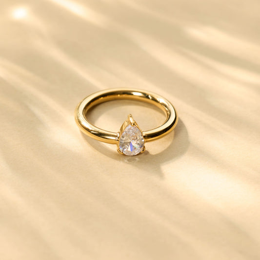 Classic pear-cut teardrop CZ solitaire ring with smooth high-polish gold-tone band-5