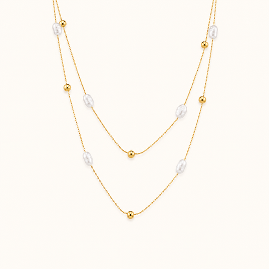 Classic pearl-style bead gold pendant necklace inspired by evergreen pearl elegance