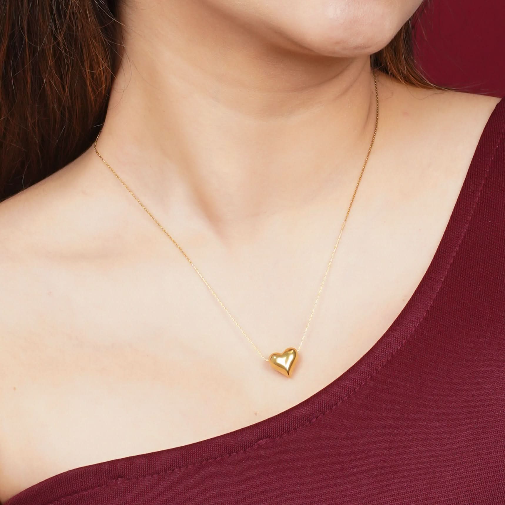 Classic 3D puffed heart pendant gold necklace on cable chain, waterproof and tarnish-resistant-2