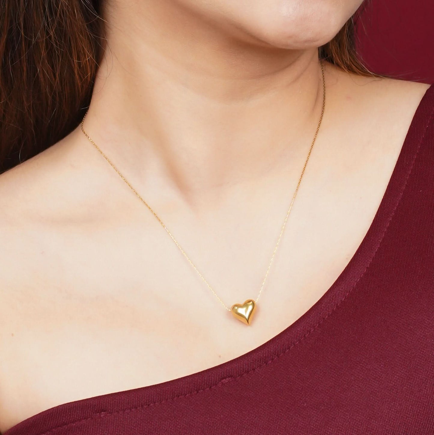 Classic 3D puffed heart pendant gold necklace on cable chain, waterproof and tarnish-resistant-2