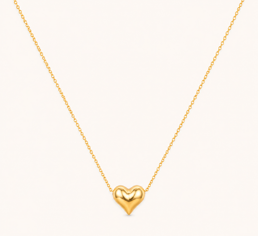 Classic 3D puffed heart pendant gold necklace on cable chain, waterproof and tarnish-resistant