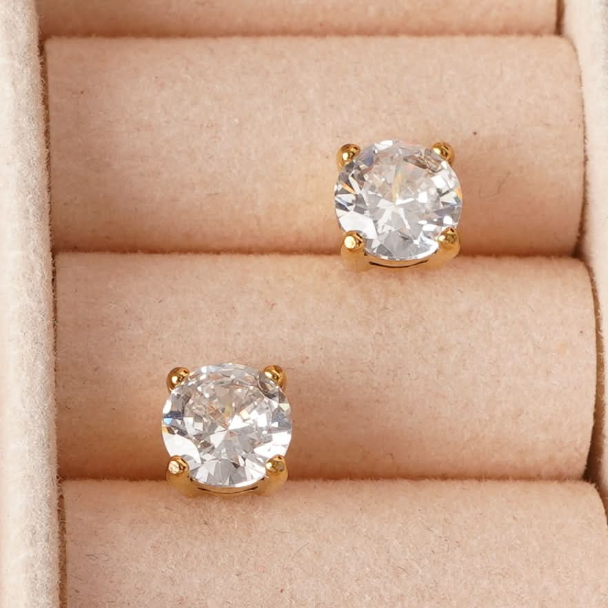 Classic round solitaire CZ crystal stud earrings in 18K gold plating with push-back closure-3