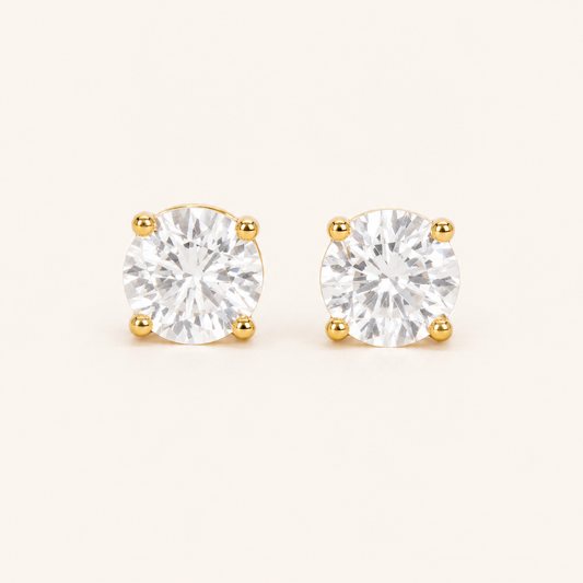 Classic round solitaire CZ crystal stud earrings in 18K gold plating with push-back closure