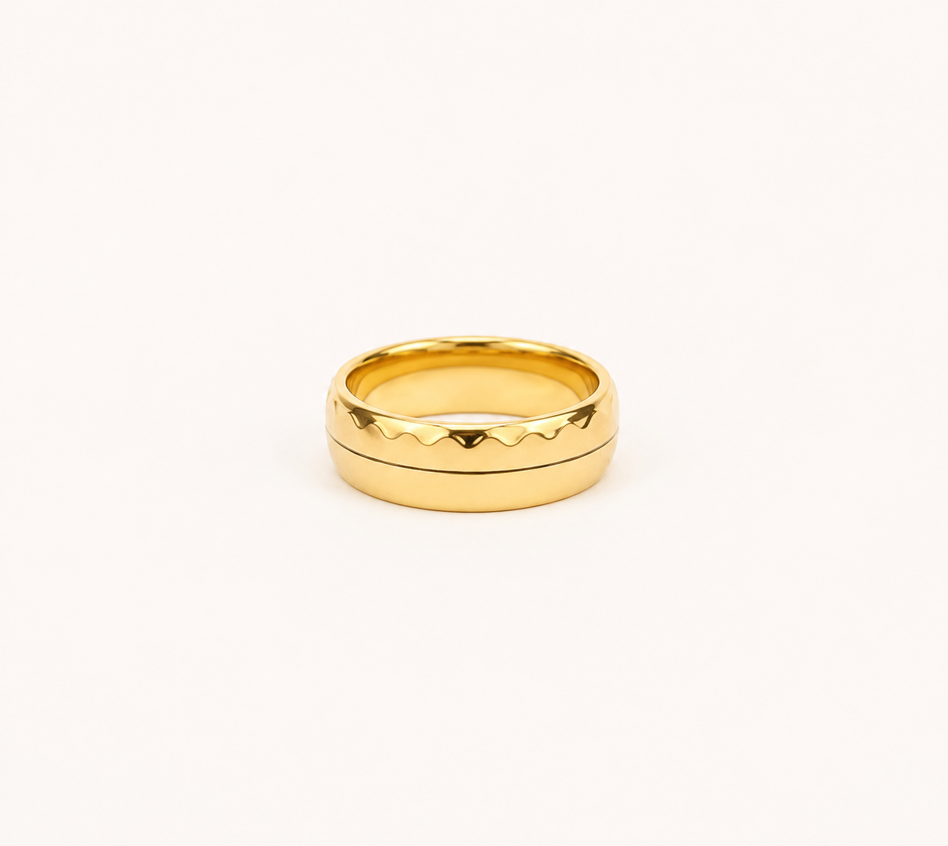 Classic smooth gold band ring with center line detail in 18K gold-plated stainless steel
