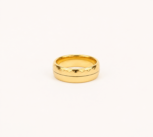 Classic smooth gold band ring with center line detail in 18K gold-plated stainless steel