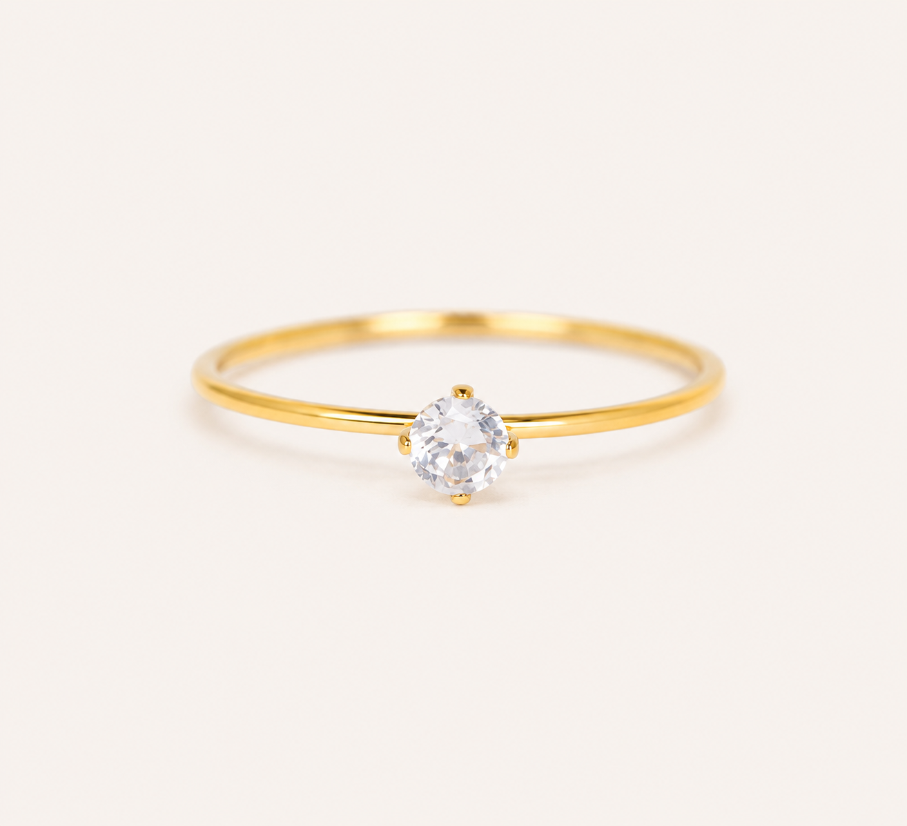 Classic Solitaire Gold Ring – minimal single CZ stone on a gold plated band for women