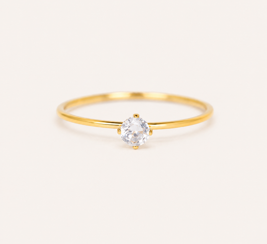 Classic Solitaire Gold Ring – minimal single CZ stone on a gold plated band for women