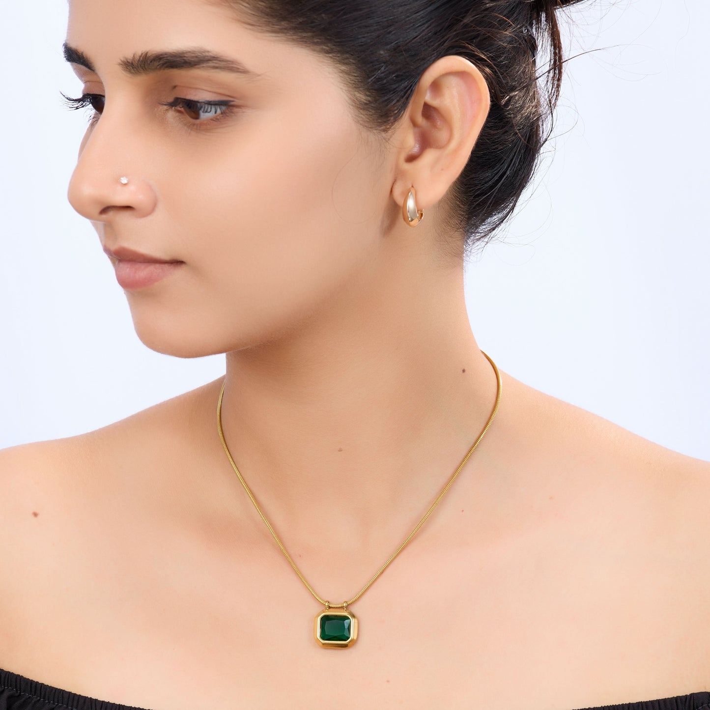 Classic square stone pendant gold chain necklace available in black, pink, and green stone variants-10