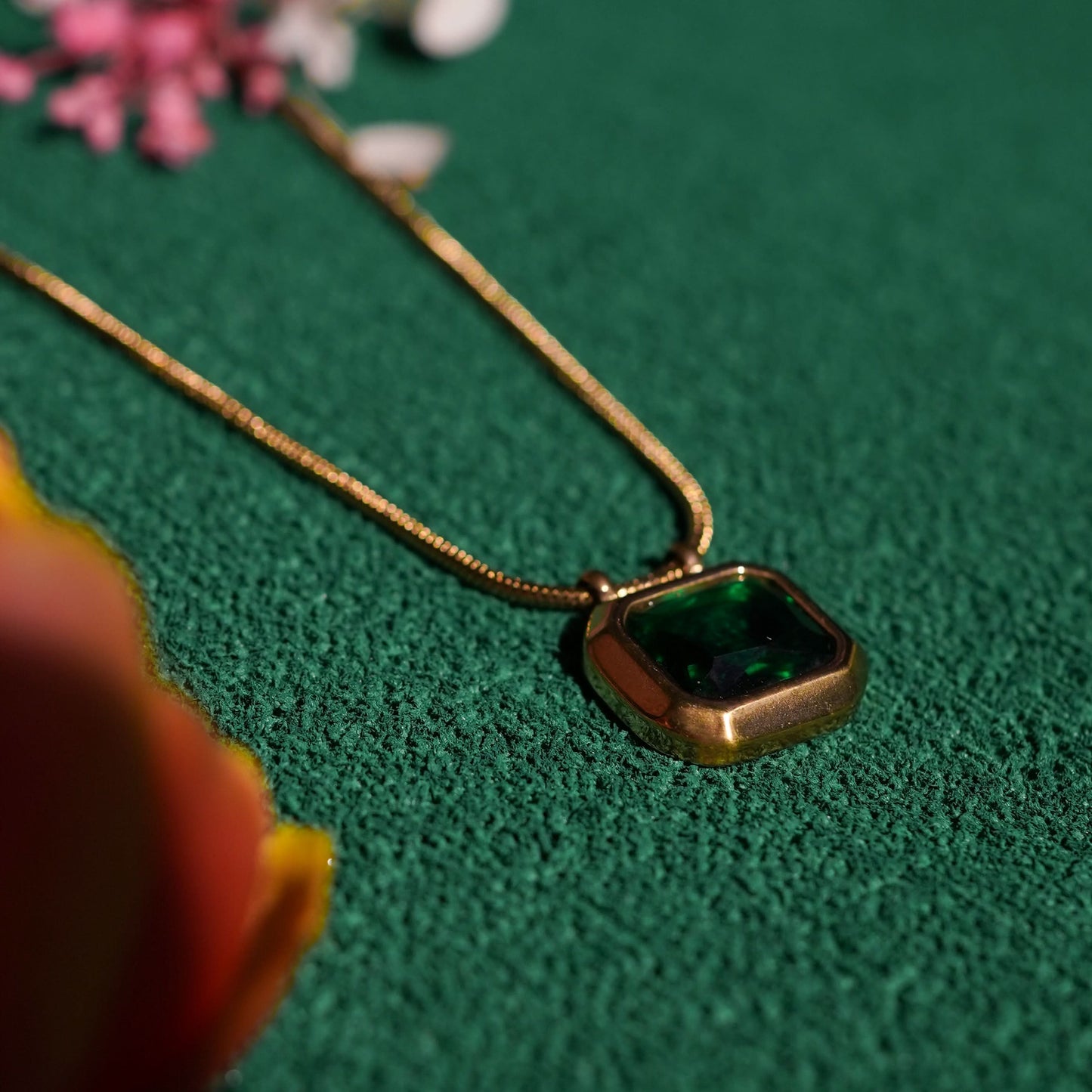 Classic square stone pendant gold chain necklace available in black, pink, and green stone variants-11