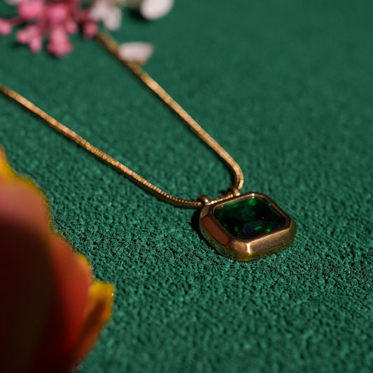 Classic square stone pendant gold chain necklace available in black, pink, and green stone variants-11