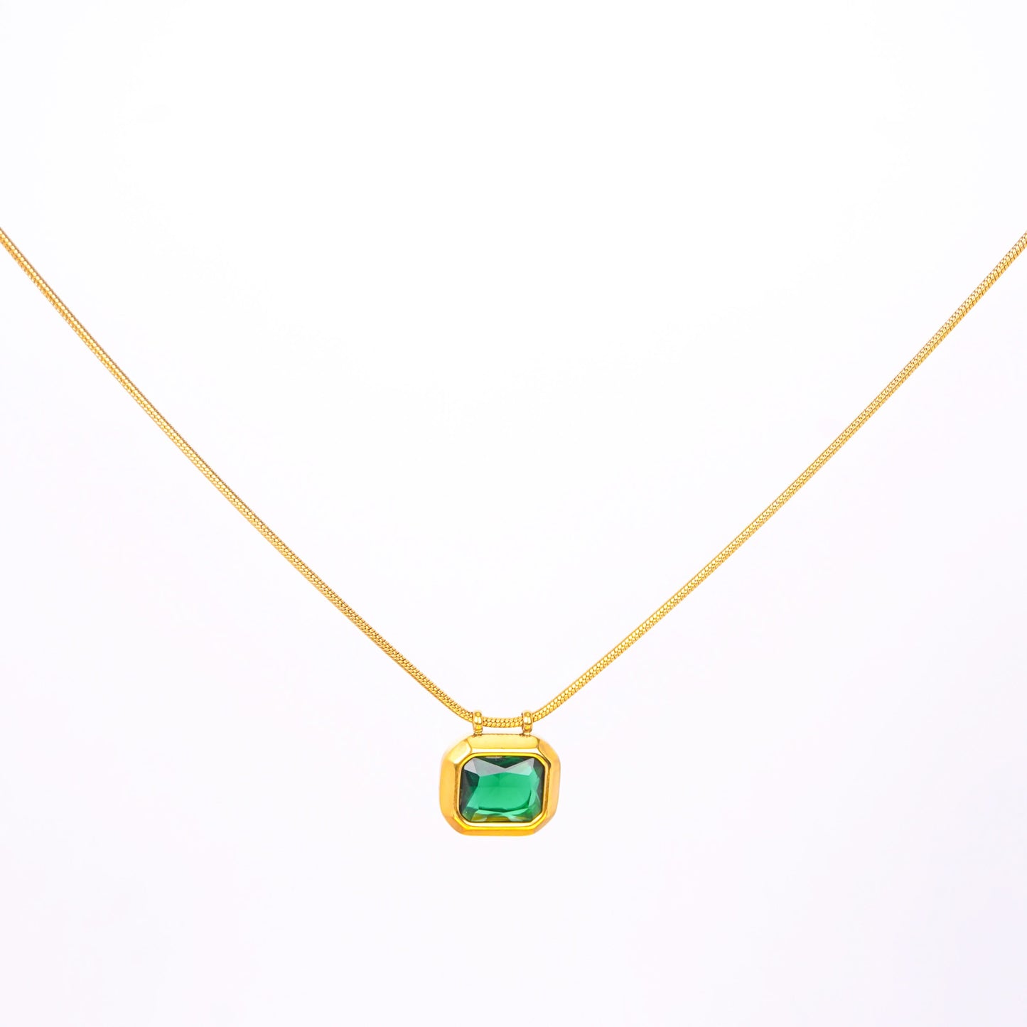 Classic square stone pendant gold chain necklace available in black, pink, and green stone variants-12