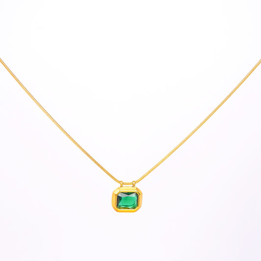 Classic square stone pendant gold chain necklace available in black, pink, and green stone variants-12