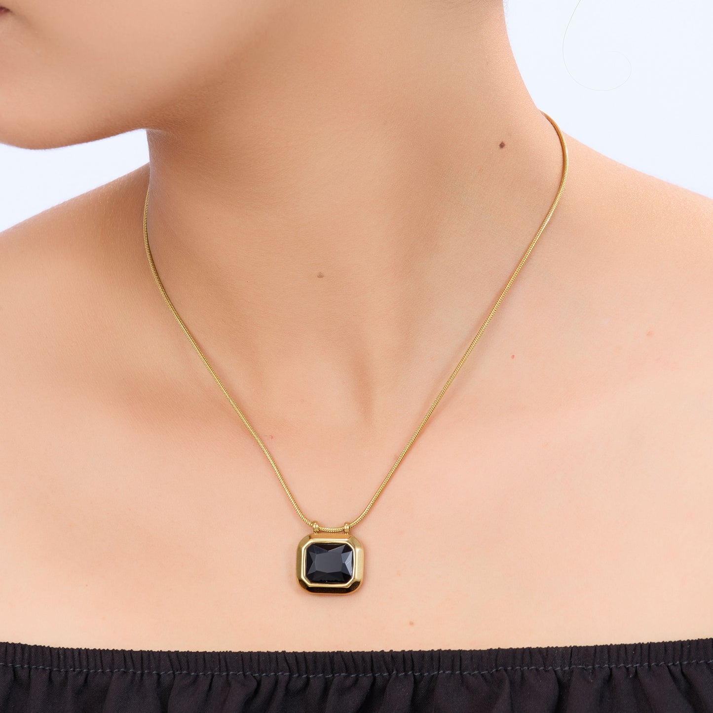 Classic square stone pendant gold chain necklace available in black, pink, and green stone variants-2