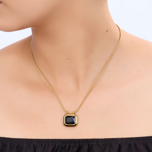 Classic square stone pendant gold chain necklace available in black, pink, and green stone variants-2