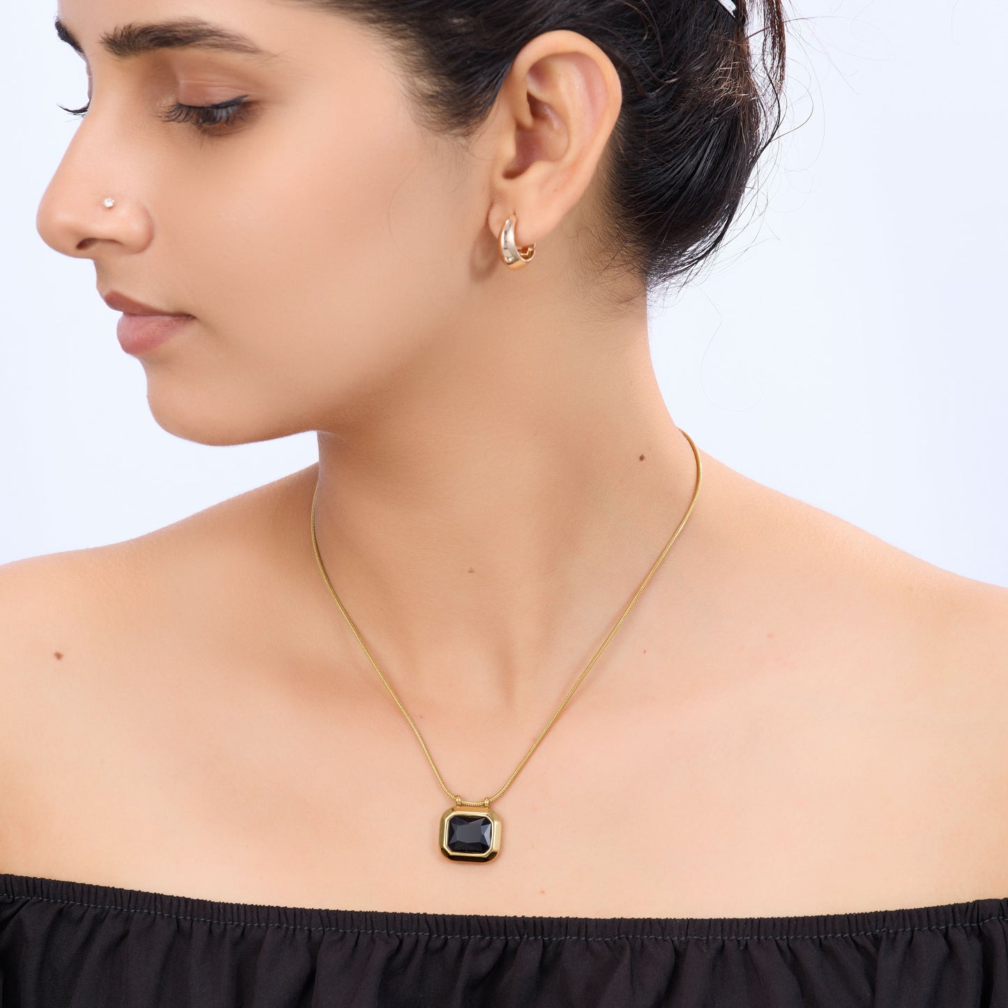 Classic square stone pendant gold chain necklace available in black, pink, and green stone variants-3