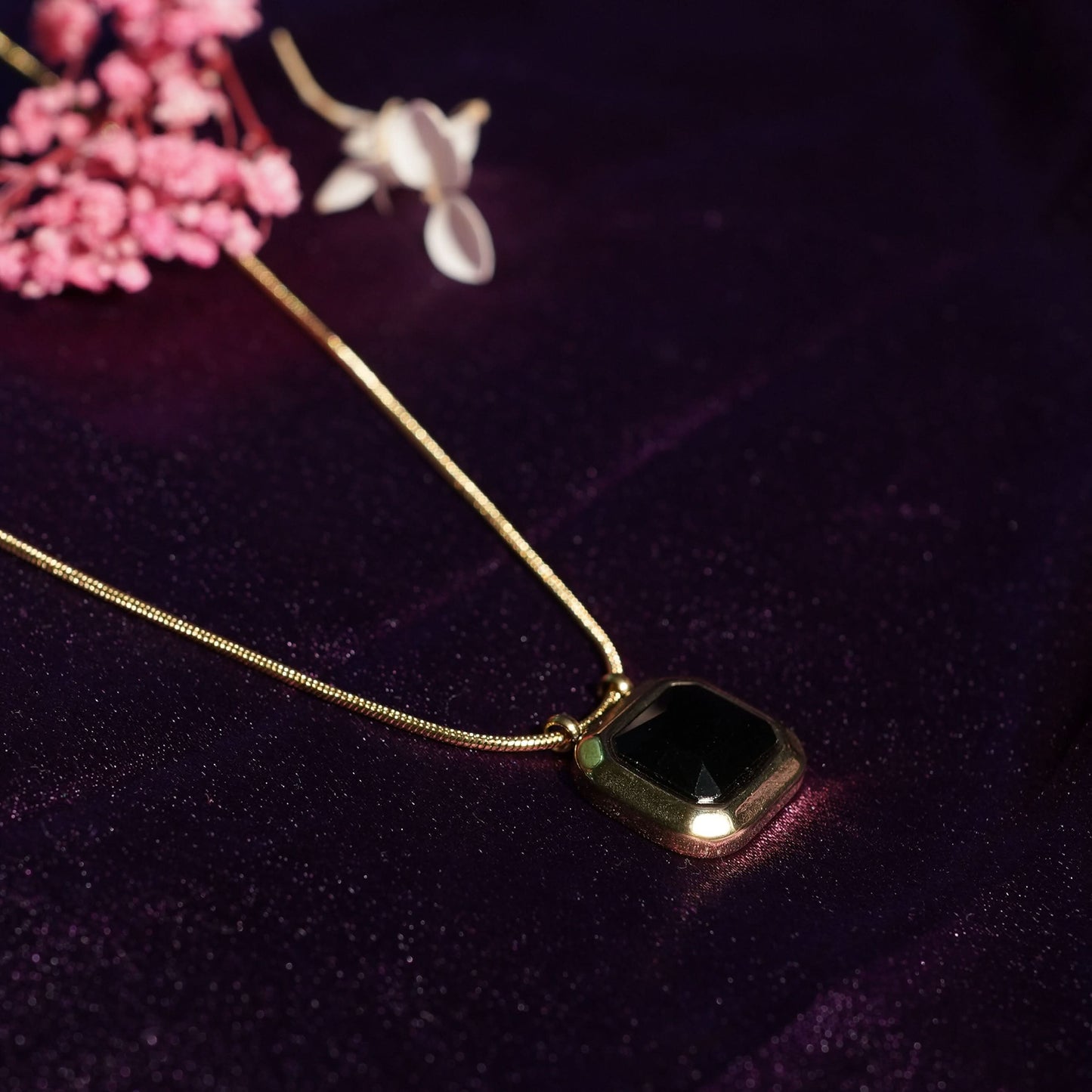 Classic square stone pendant gold chain necklace available in black, pink, and green stone variants-4