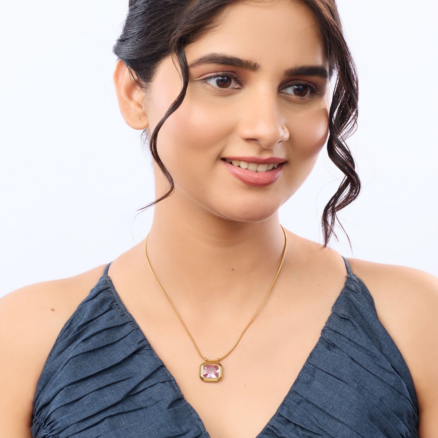 Classic square stone pendant gold chain necklace available in black, pink, and green stone variants-6