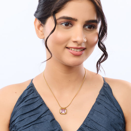 Classic square stone pendant gold chain necklace available in black, pink, and green stone variants-6