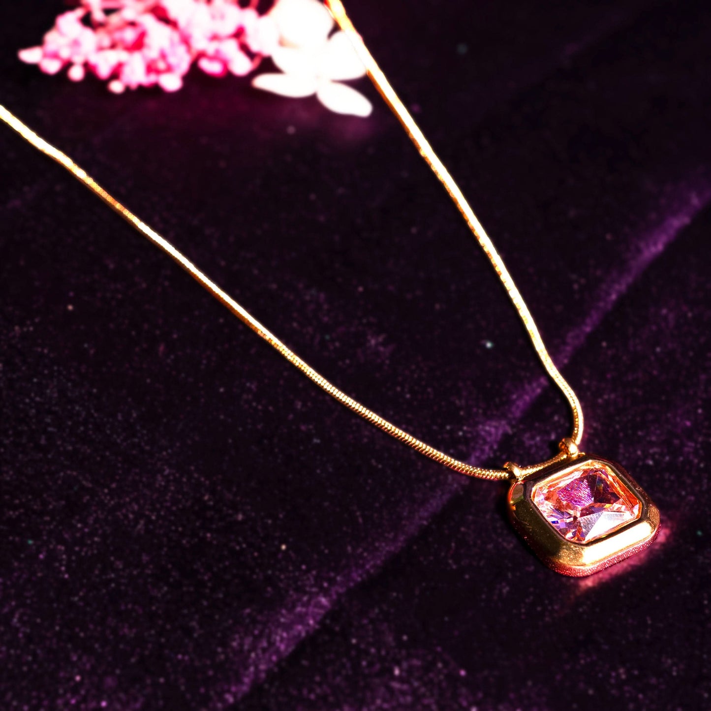 Classic square stone pendant gold chain necklace available in black, pink, and green stone variants-7