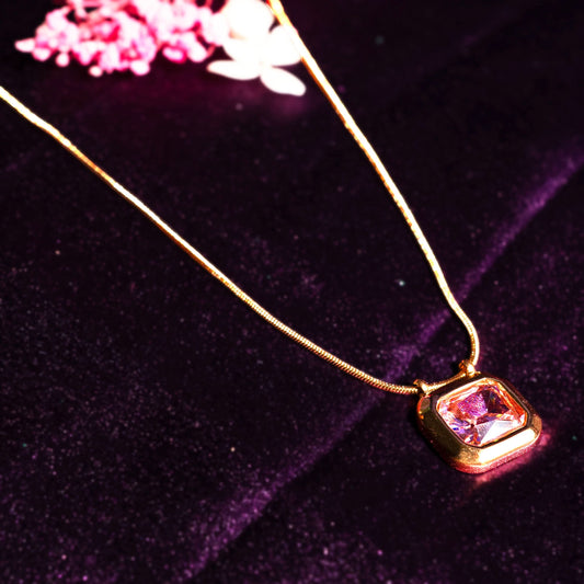 Classic square stone pendant gold chain necklace available in black, pink, and green stone variants-7