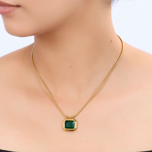 Classic square stone pendant gold chain necklace available in black, pink, and green stone variants-9