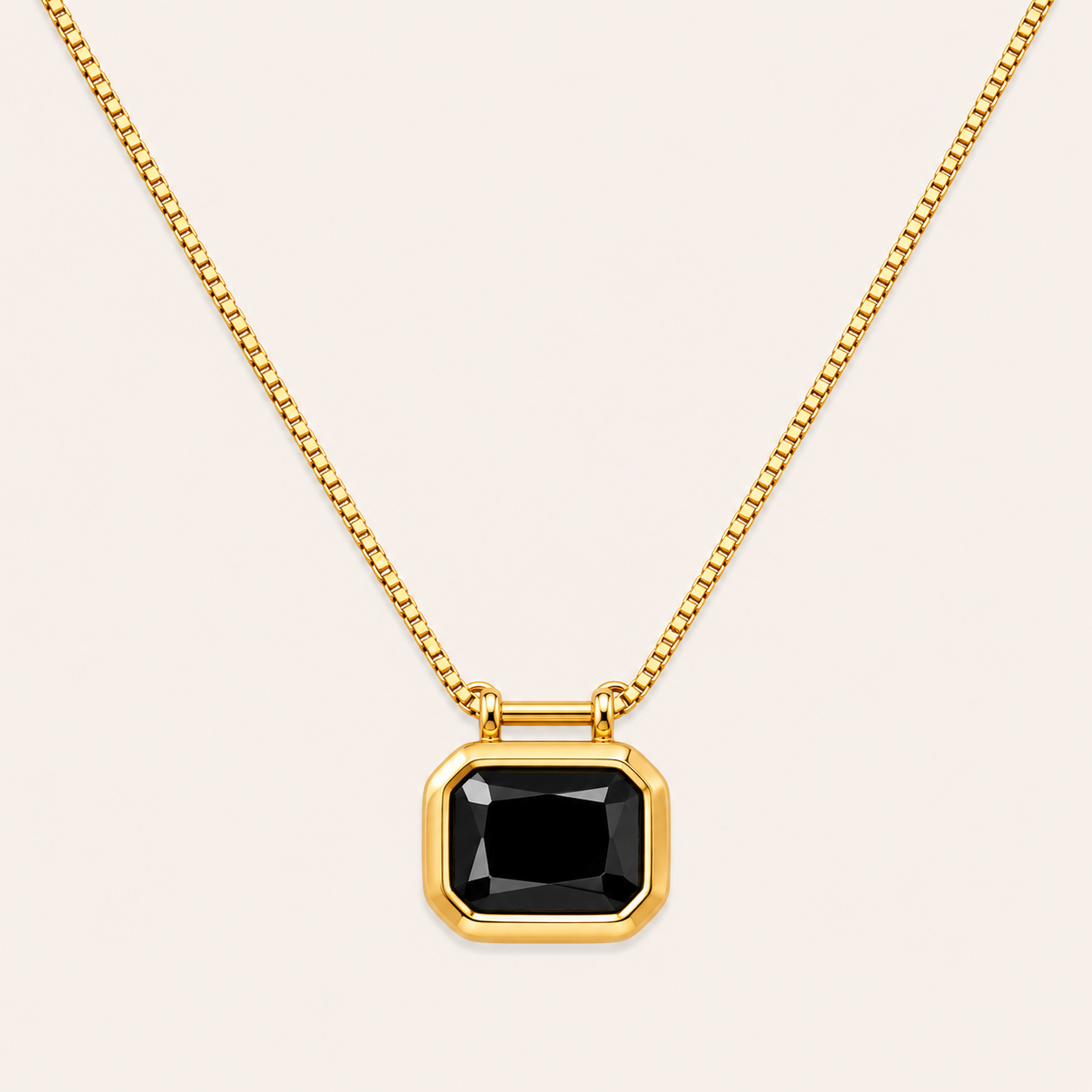 Classic square stone pendant gold chain necklace available in black, pink, and green stone variants
